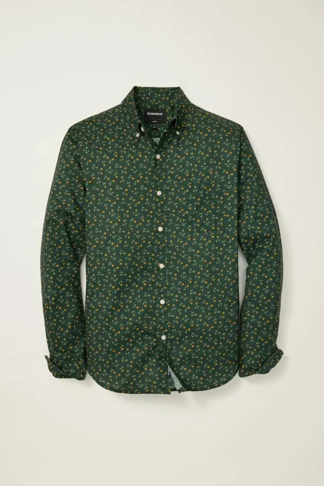 Men Everyday Shirt Pine Green Gold Floral Bonobos Casual Shirts