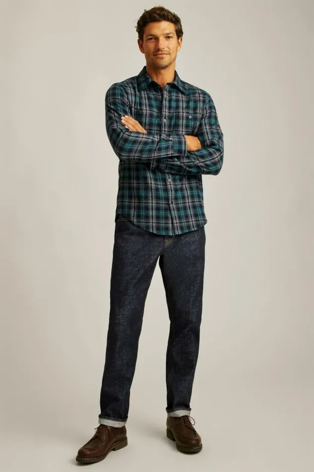 Men Fireside Flannel Shirt Charcoal Jade Plaid Bonobos Overshirts