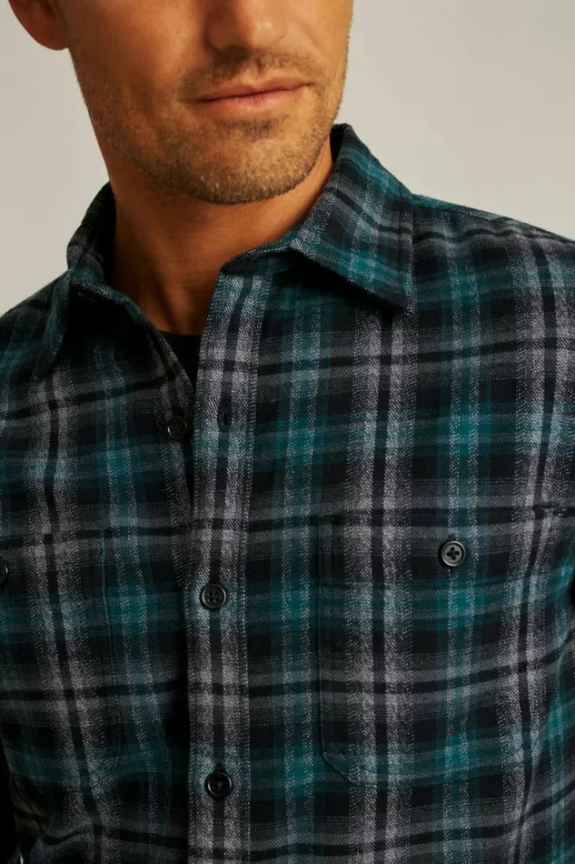 Men Fireside Flannel Shirt Charcoal Jade Plaid Bonobos Overshirts