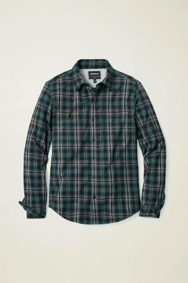 Men Fireside Flannel Shirt Charcoal Jade Plaid Bonobos Overshirts