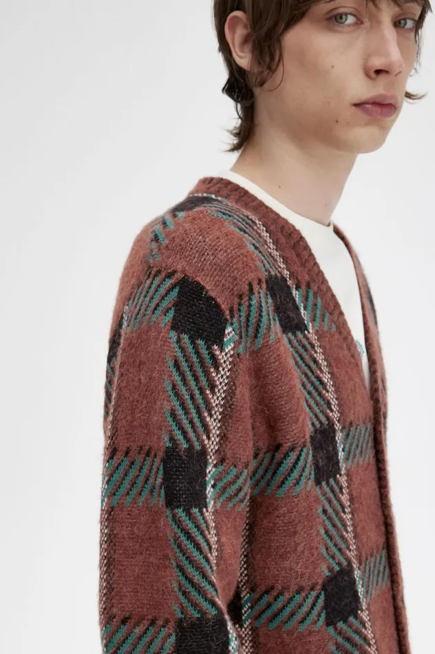 Men Glitch Tartan Cardigan Whisky Brown Fred Perry Knitwear