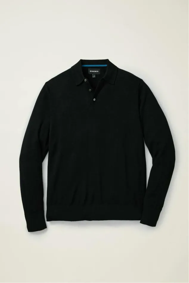 Men Hudson Long Sleeve Sweater Polo Black Merino Bonobos Cardigans
