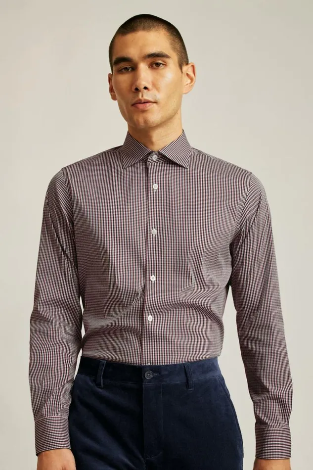 Men Jetsetter Stretch Dress Shirt Navy Burgundy Gingham Bonobos Business Casual Shirts