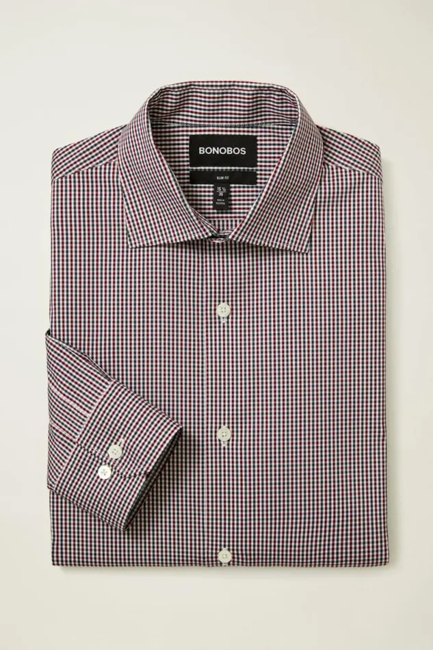 Men Jetsetter Stretch Dress Shirt Navy Burgundy Gingham Bonobos Business Casual Shirts