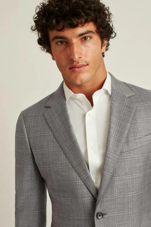 Men Jetsetter Stretch Italian Wool Blazer Heather Grey Windowpane Bonobos Blazers and Sport Coats