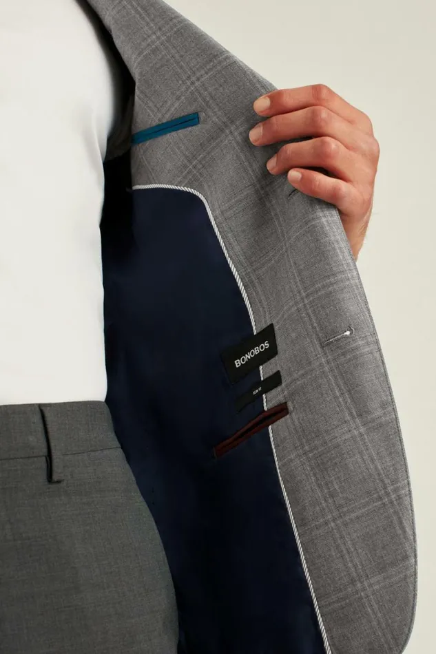 Men Jetsetter Stretch Italian Wool Blazer Heather Grey Windowpane Bonobos Blazers and Sport Coats