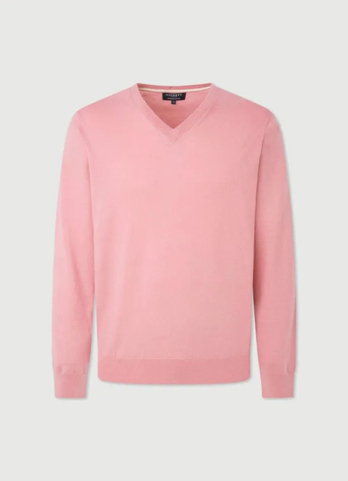 Men Knitwear Hackett London Cotton And Cashmere VNeck Jumper Ash Rose Pink