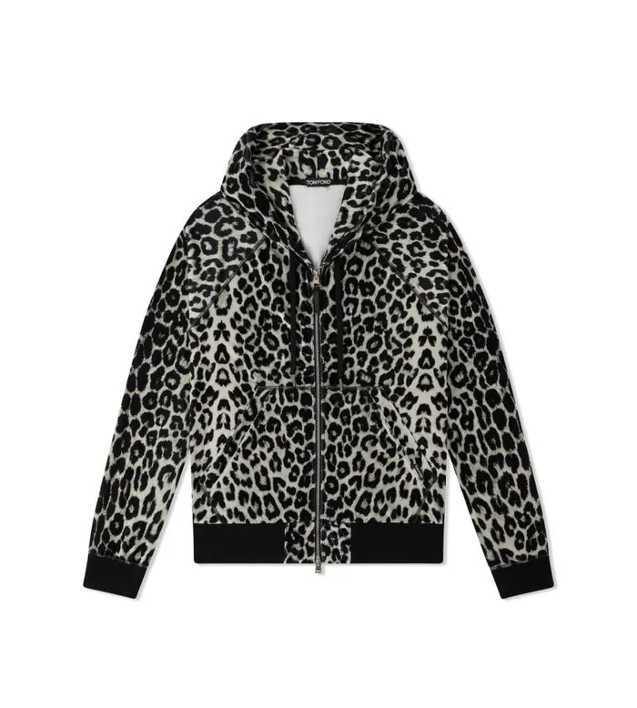 Men Knitwear Tom Ford Leopard Print Velour Hoodie Black Beige