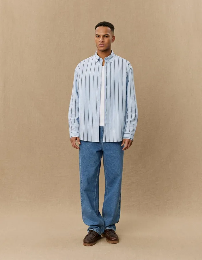 Men Kolton Striped Yale Shirt 8211 Sky BlueBlack Les Deux ShirtsOvershirts
