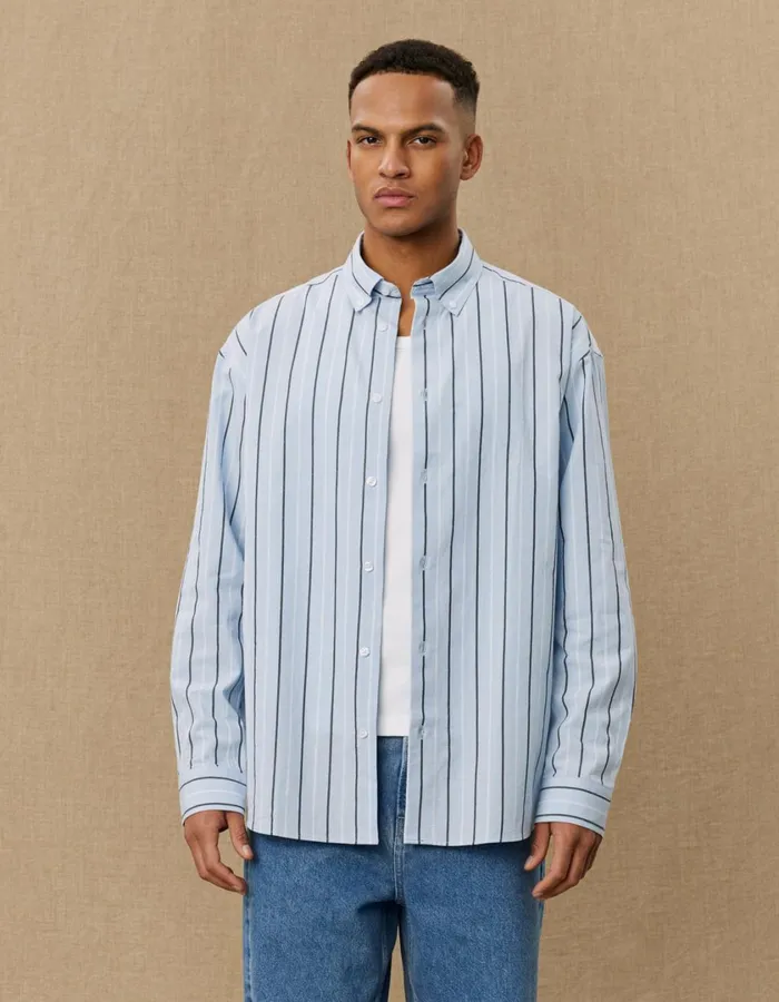 Men Kolton Striped Yale Shirt 8211 Sky BlueBlack Les Deux ShirtsOvershirts