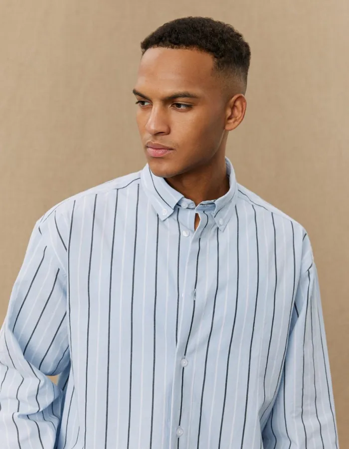 Men Kolton Striped Yale Shirt 8211 Sky BlueBlack Les Deux ShirtsOvershirts