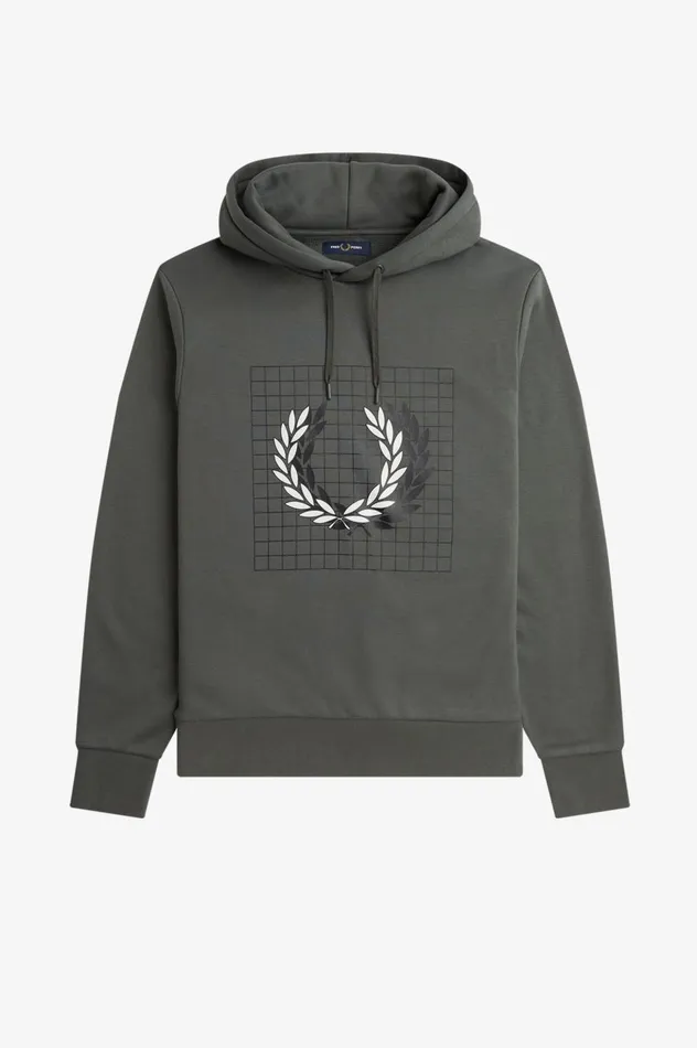 Men Laurel Wreath Grid Hooded Sweatshirt Field Green Fred Perry Sweatshirts