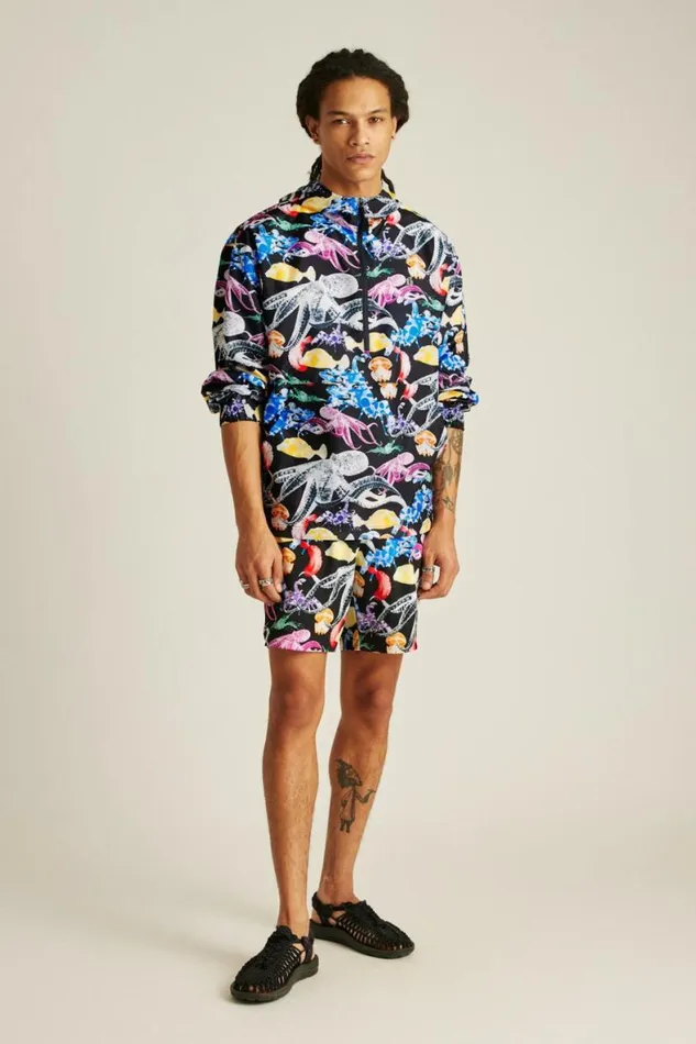 Men Lightweight Ripstop Anorak Black Sea Creatures Bonobos Jackets and Coats