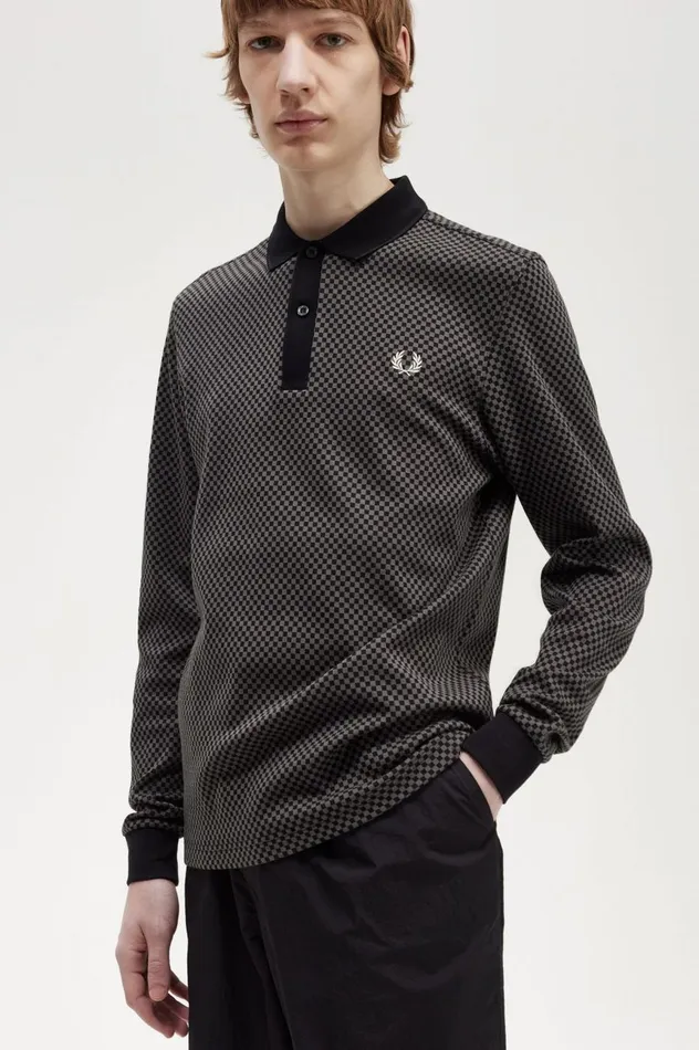 Men Micro Chequerboard Polo Shirt Blackfield Green Fred Perry TShirts