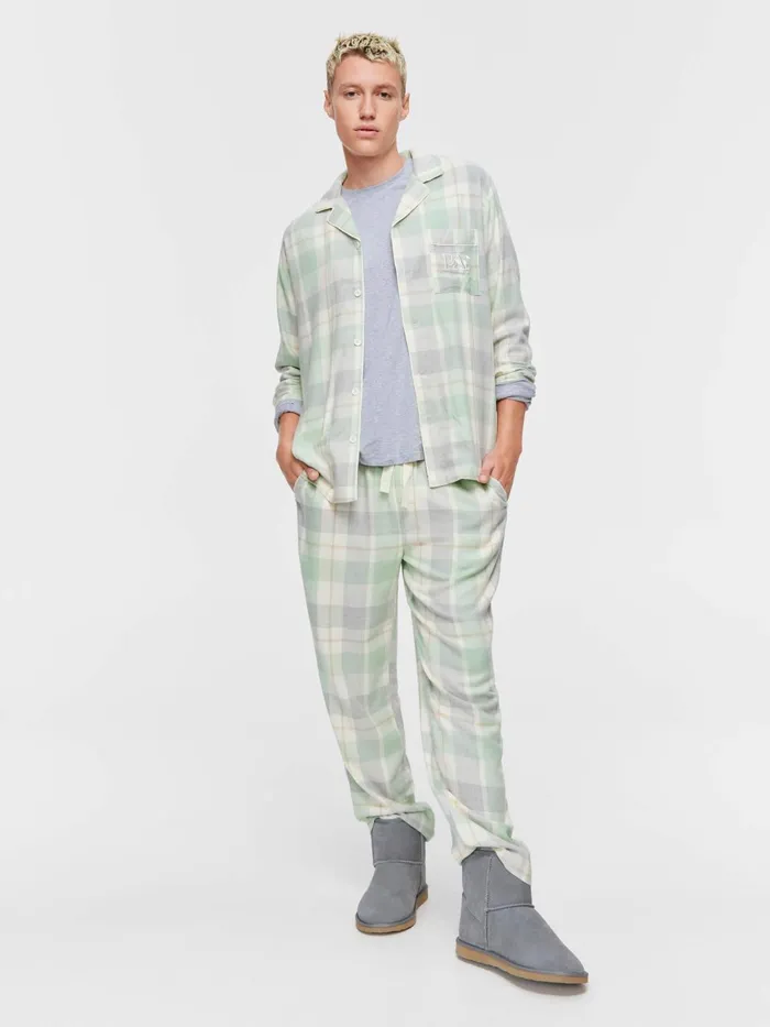 Men Mint Check Bamboo Flannelette Long Sleeve Pj Set Multi Peter Alexander Sets