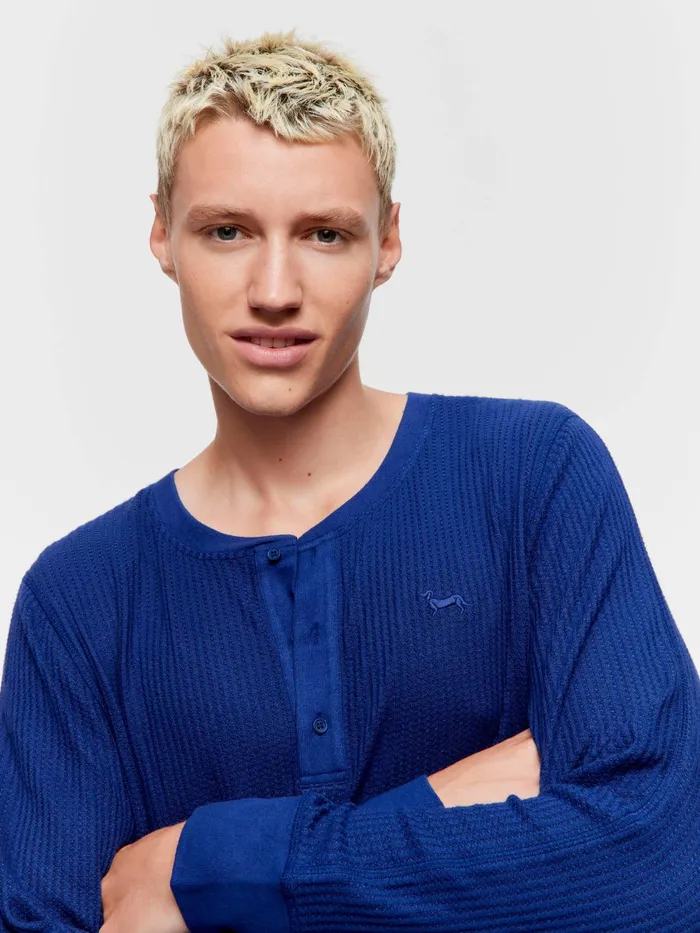 Men Navy Waffle Henley Navy Peter Alexander Tops