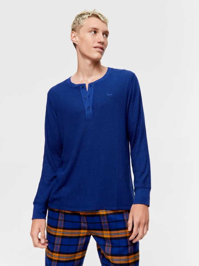 Men Navy Waffle Henley Navy Peter Alexander Tops