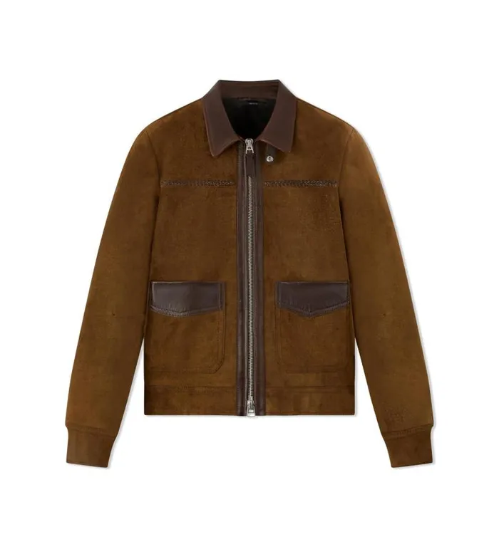 Men Outerwear Tom Ford Dusty Suede Contrast Collar Blouson Khaki Brown