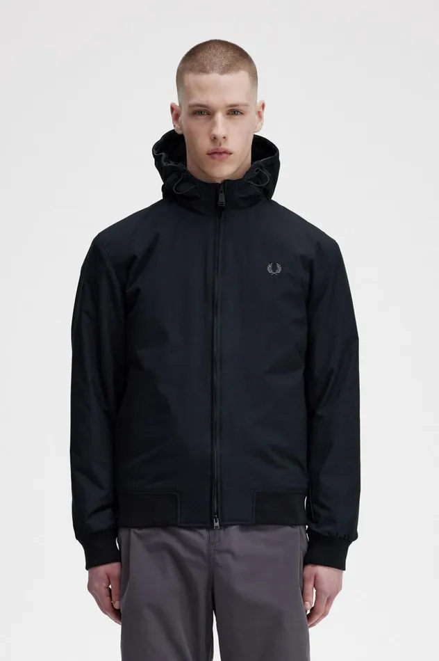 Men Padded Hooded Brentham Jacket Blackgunmetal Fred Perry Coats and Jackets