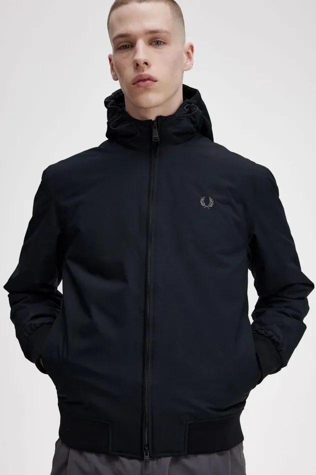 Men Padded Hooded Brentham Jacket Blackgunmetal Fred Perry Coats and Jackets
