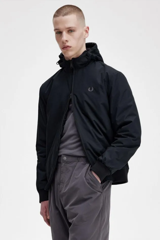 Men Padded Hooded Brentham Jacket Blackgunmetal Fred Perry Coats and Jackets