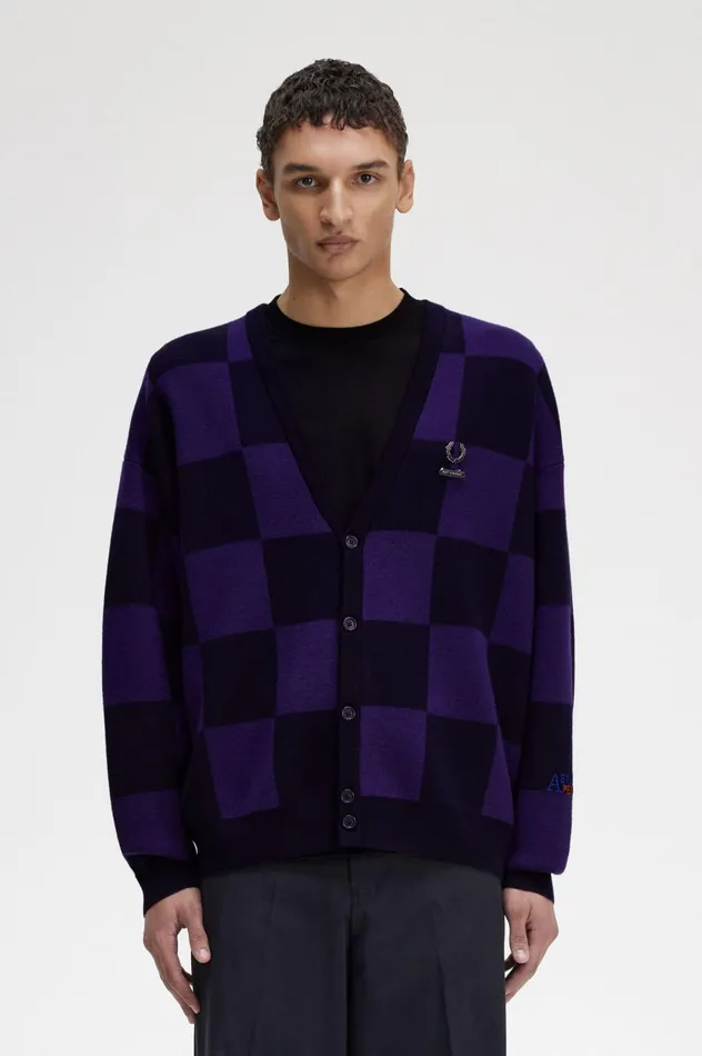Men Raf SimonsChequerboard Cardigan Navy Fred Perry Knitwear