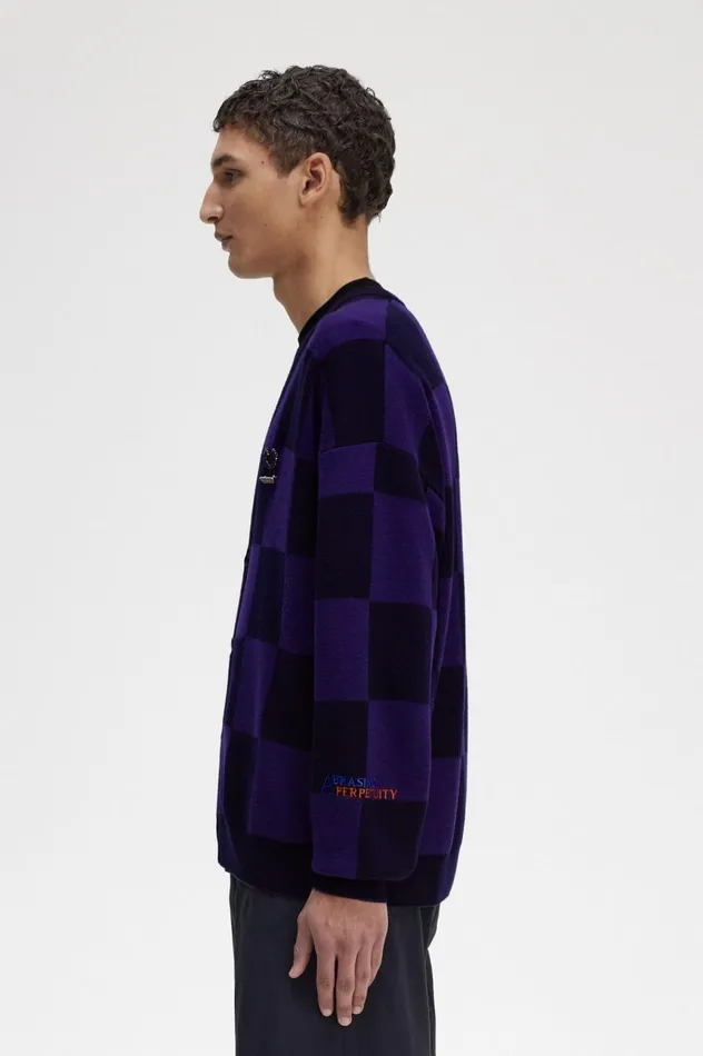 Men Raf SimonsChequerboard Cardigan Navy Fred Perry Knitwear