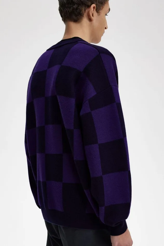 Men Raf SimonsChequerboard Cardigan Navy Fred Perry Knitwear