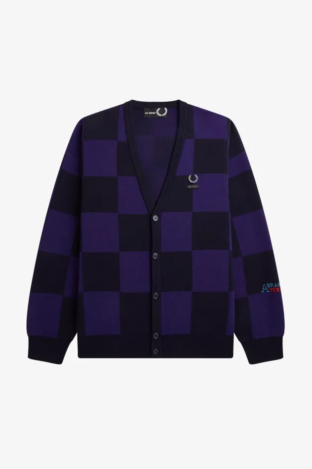 Men Raf SimonsChequerboard Cardigan Navy Fred Perry Knitwear