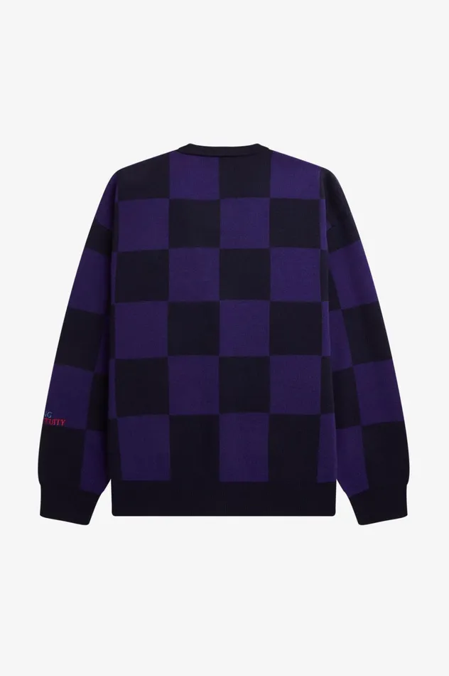 Men Raf SimonsChequerboard Cardigan Navy Fred Perry Knitwear