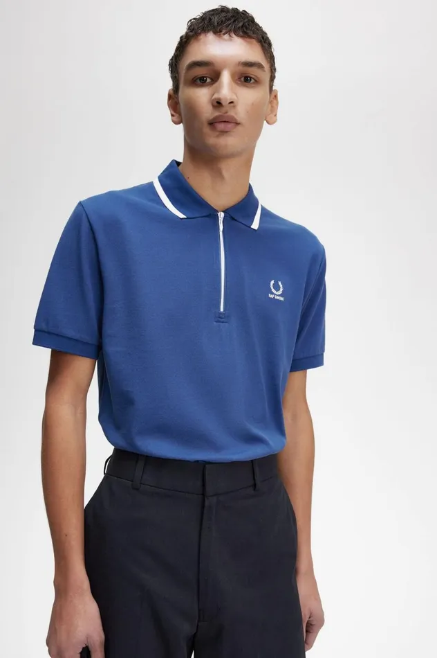 Men Raf SimonsHalf Zip Polo Shirt Royal Blue Fred Perry Polo Shirts