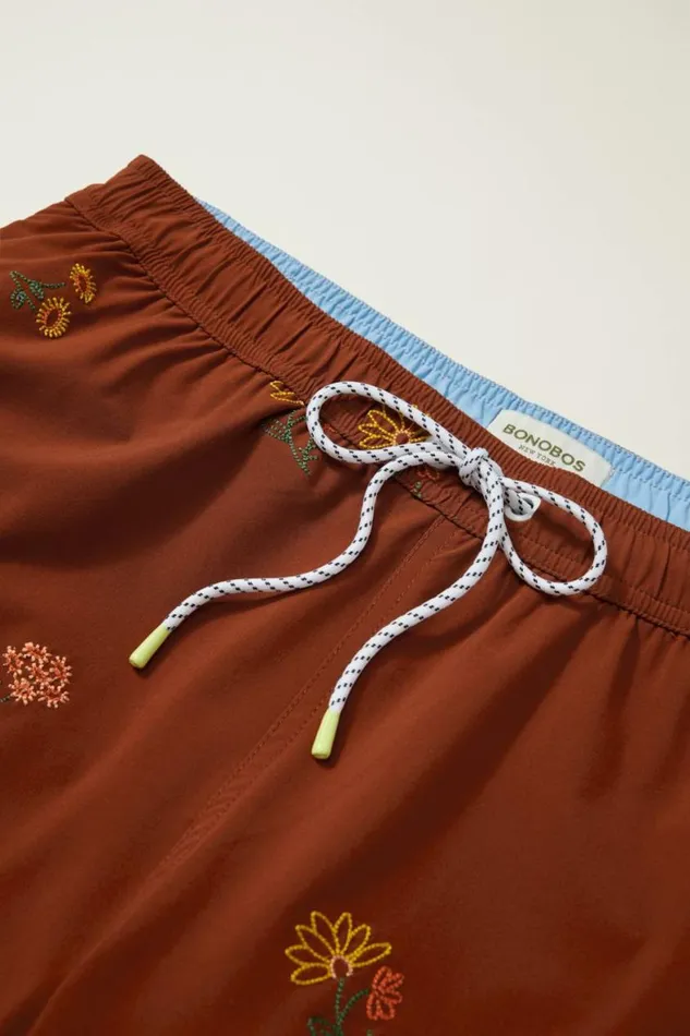 Men Riviera Recycled Swim Trunks Red Floral Needle Point Bonobos Swim Trunks