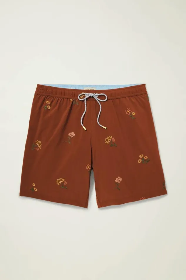 Men Riviera Recycled Swim Trunks Red Floral Needle Point Bonobos Swim Trunks