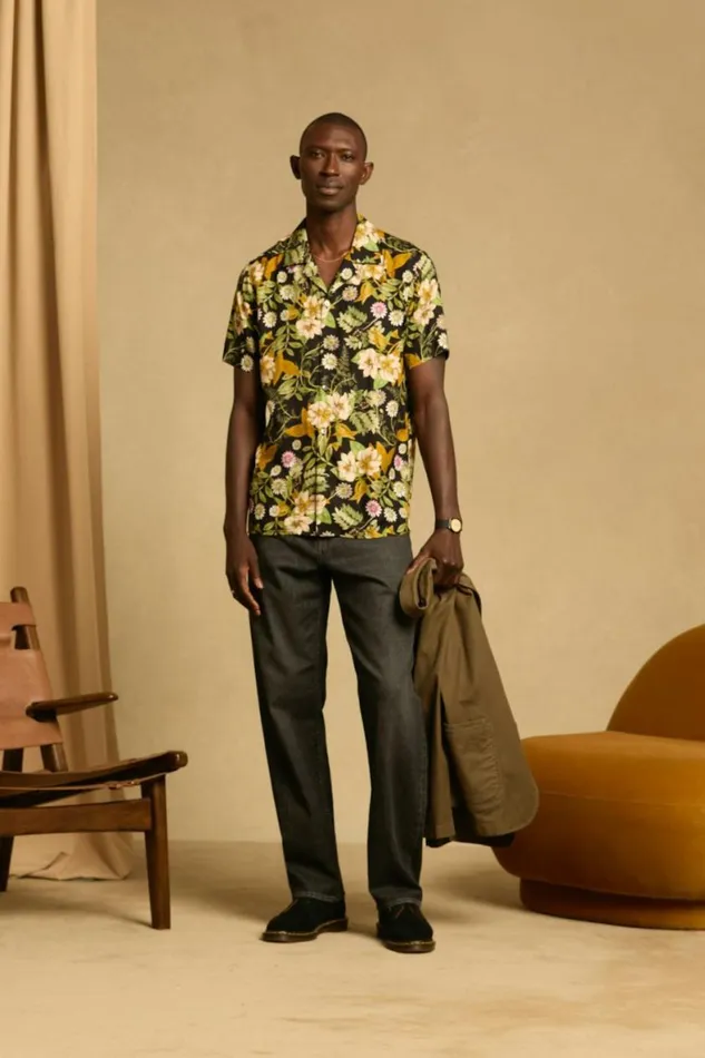 Men Riviera Silk Blend Cabana Shirt Enchanted Floral Bonobos Short Sleeve Shirts