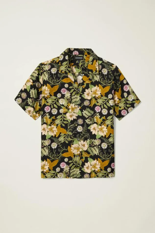 Men Riviera Silk Blend Cabana Shirt Enchanted Floral Bonobos Short Sleeve Shirts