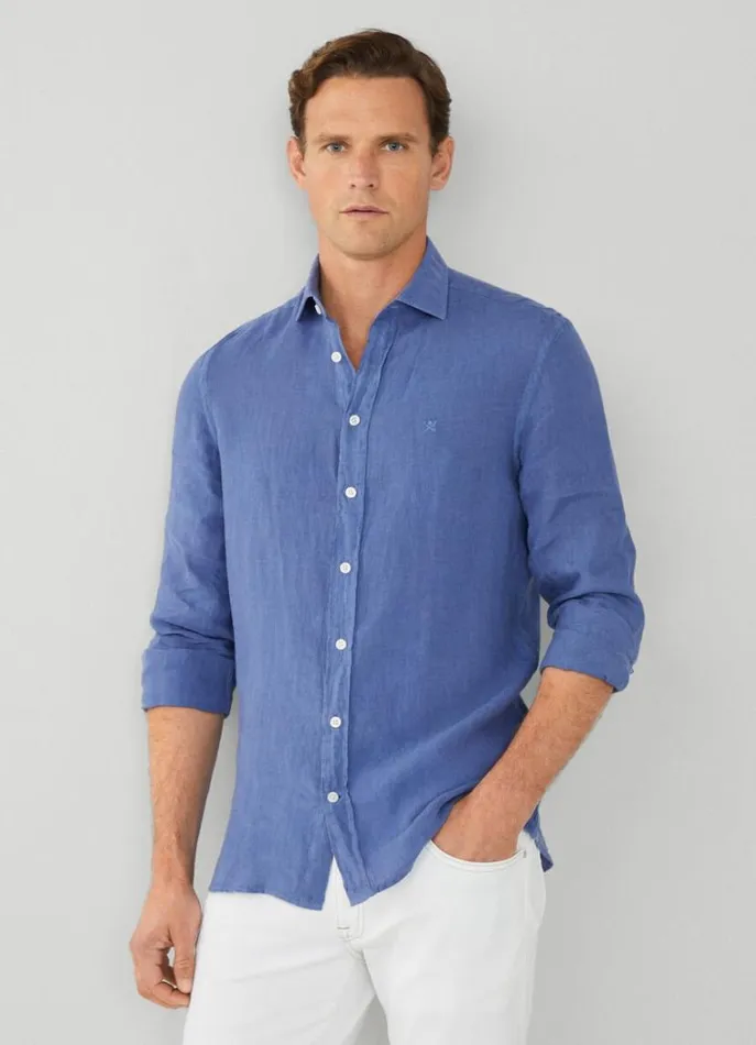 Men Shirts Hackett London Slim Fit Linen Shirt Blue