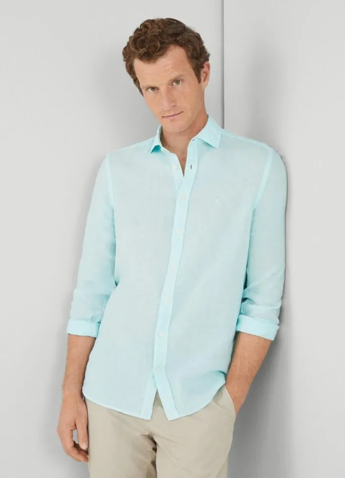 Men Shirts Hackett London Slim Fit Linen Shirt Lt Aqua