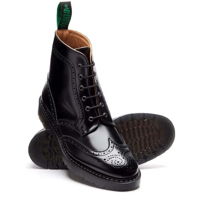 Men Solovair Brogue Boots Black HiShine 6 Eye Brogue Boot