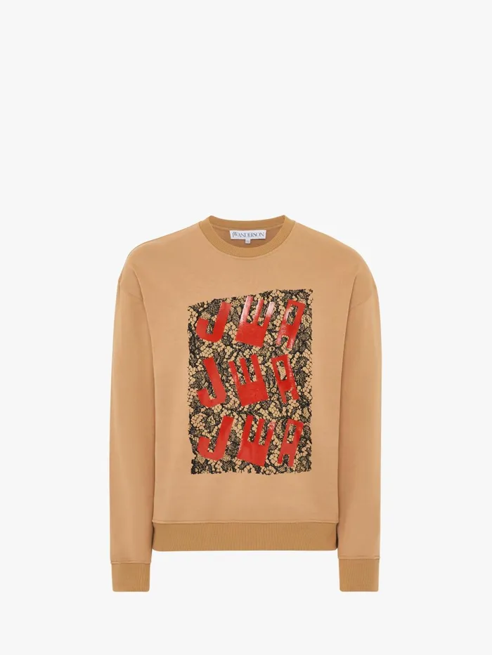 Men Sweatshirts and Hoodies JW Anderson SWEATSHIRT WITH PRINTED LACE FRONTPANEL Beige Men Sweatshirts and Hoodies JW Anderson SWEATSHIRT WITH PRINTED LACE FRONTPANEL Beige