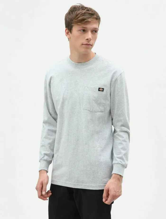 Men TShirts Dickies Longsleeve Pocket Tee Heather Grey