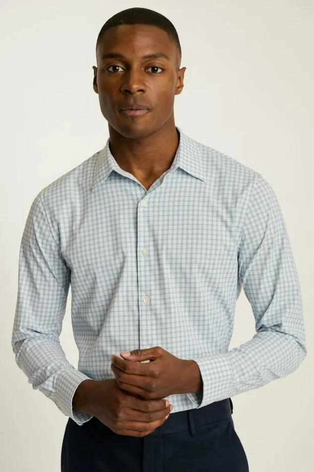 Men Tech Button Down Shirt Blue Brown Plaid Bonobos Casual Shirts