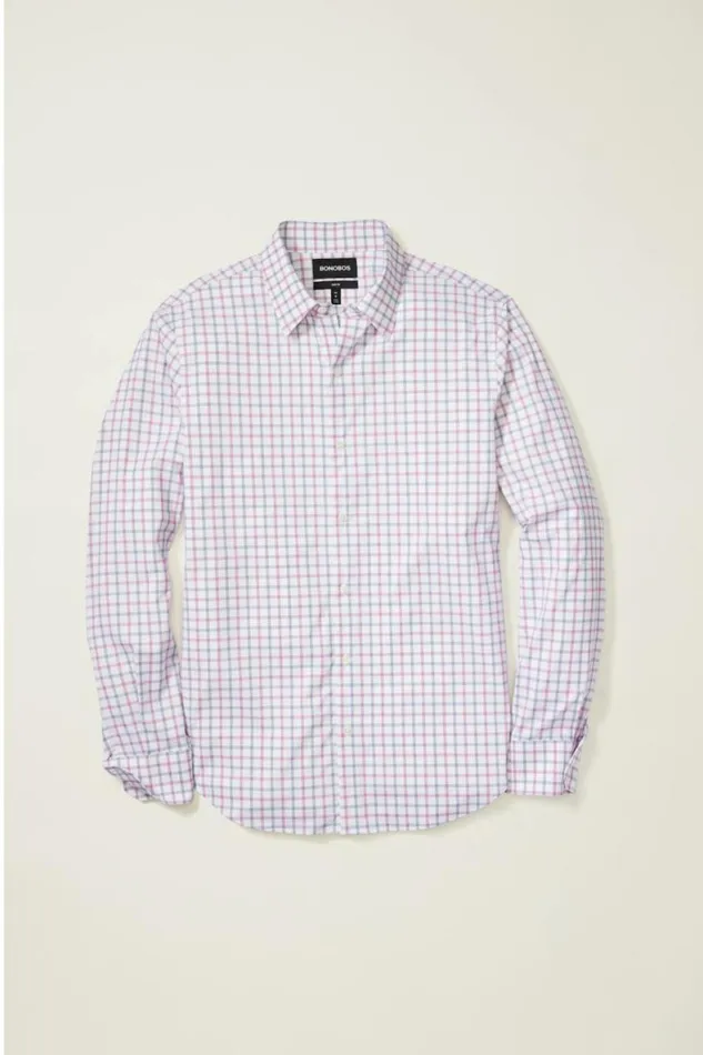 Men Tech Button Down Shirt Navy Red Graton Check Bonobos Business Casual Shirts