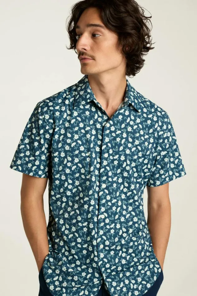 Men Tech Short Sleeve Shirt Blue Floral Branch Bonobos Short Sleeve Shirts