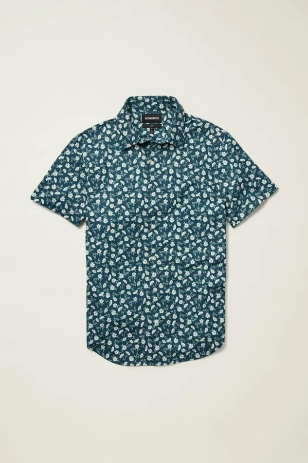 Men Tech Short Sleeve Shirt Blue Floral Branch Bonobos Short Sleeve Shirts