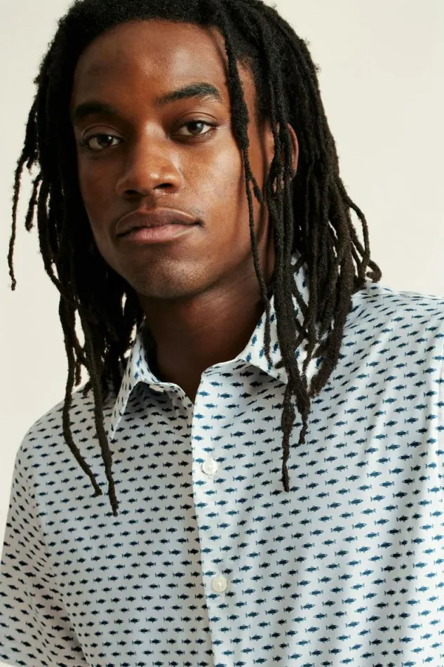 Men Tech Short Sleeve Shirt Here Fishy Fishy Blue Bonobos Short Sleeve Shirts