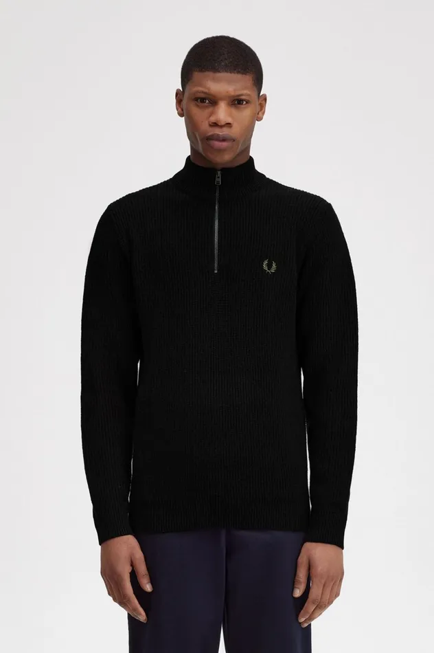 Men Textured Half Zip Jumper Black Fred Perry Knitwear