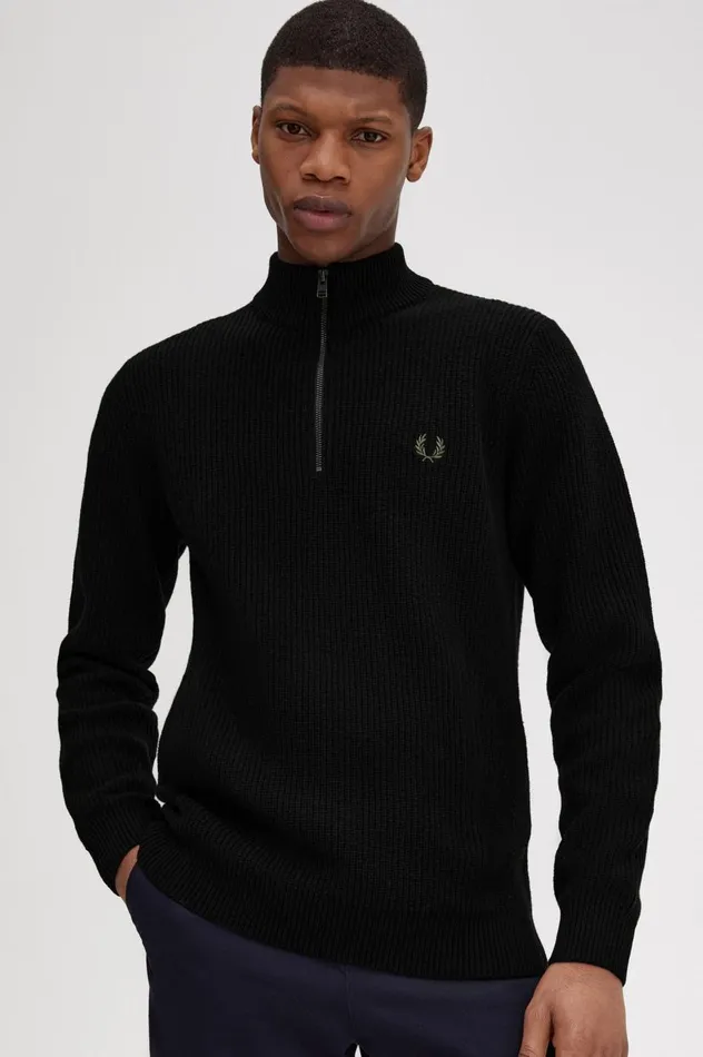 Men Textured Half Zip Jumper Black Fred Perry Knitwear