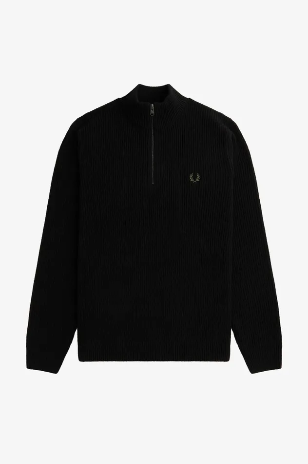 Men Textured Half Zip Jumper Black Fred Perry Knitwear