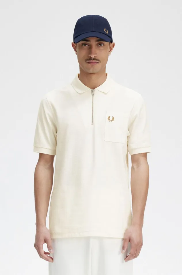 Men Textured Zip Neck Polo Shirt Ecru Fred Perry Polo Shirts