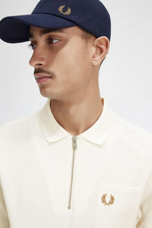 Men Textured Zip Neck Polo Shirt Ecru Fred Perry Polo Shirts